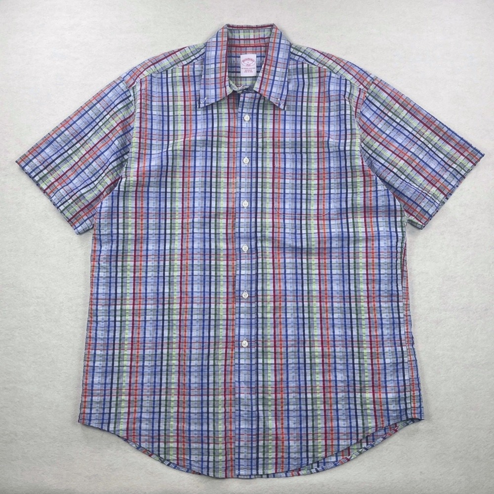 Brooks Brothers 346 Mens Large Short Sleeve Plaid Seersucker Cotton Shirt Multi - Picture 1 of 6